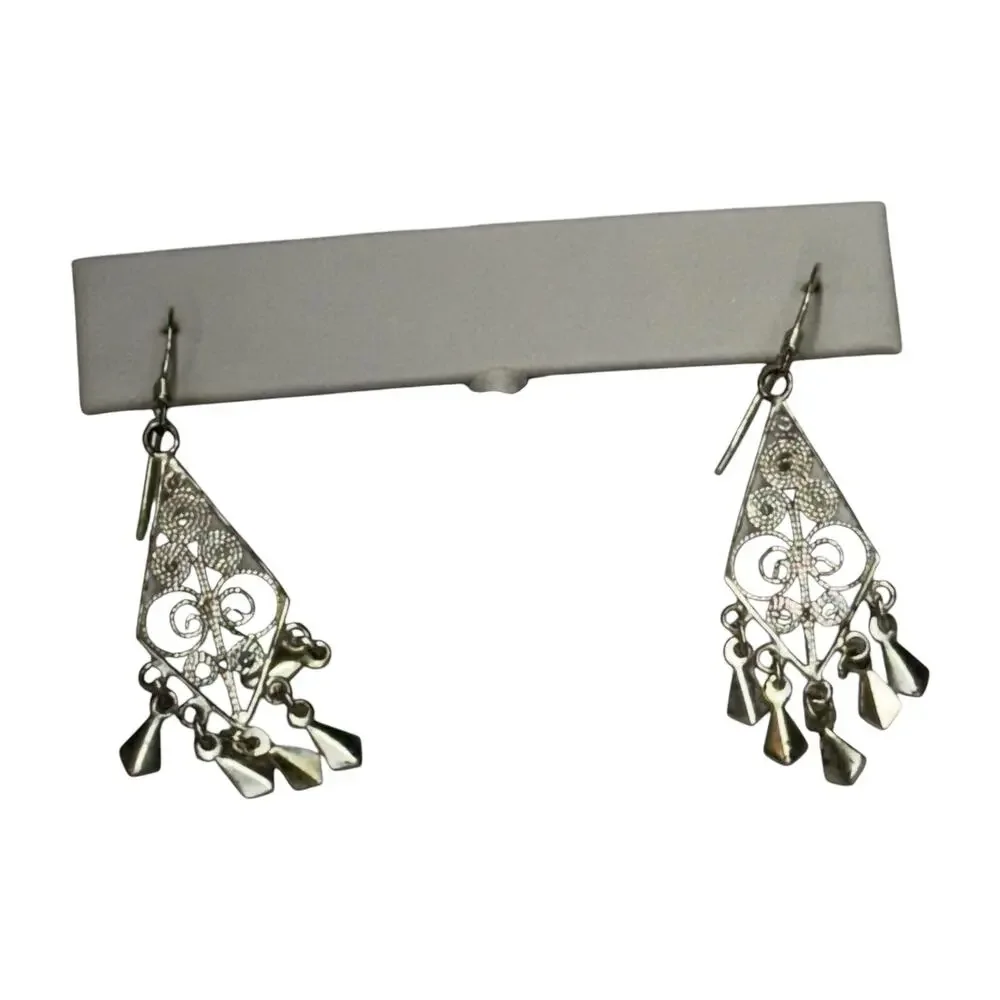 Silver Filigree Chandelier Drop Earrings Fleur de Lis Scrollwork Dangle